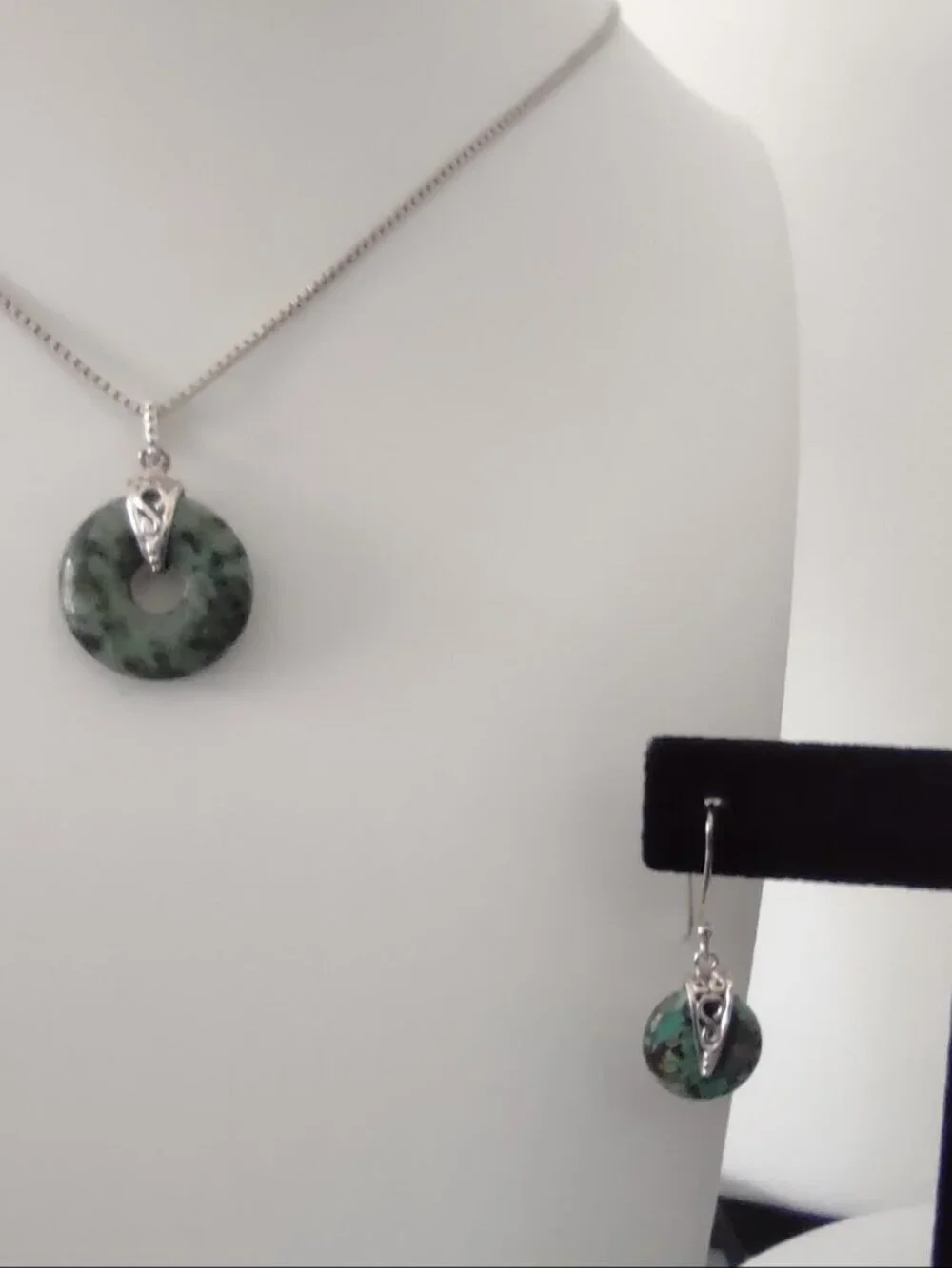 Necklace & Earrings Set Green Turquoise Stone on Sterling Silver 925